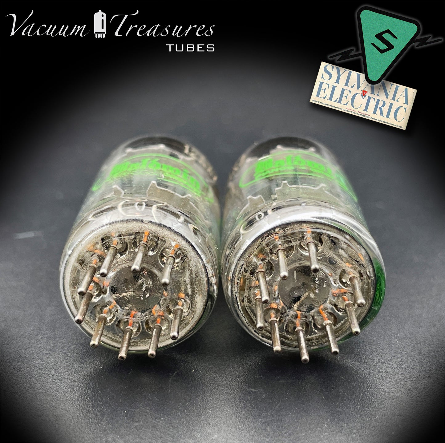 12AX7 ECC83 Baldwin by SYLVANIA – Matched Pair – Long Gray Plates Halo Getter USA 1959