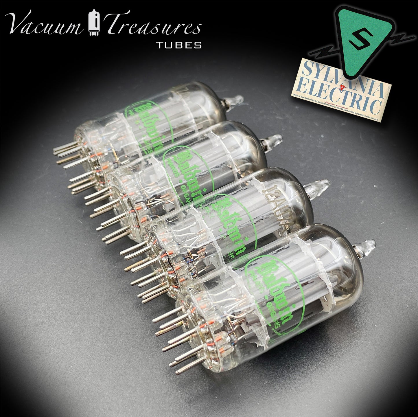 12AU7A / ECC82 NOS Baldwin by SYLVANIA Long Gray Plates Halo Getter Matched Quad Tubes Made in USA '60s