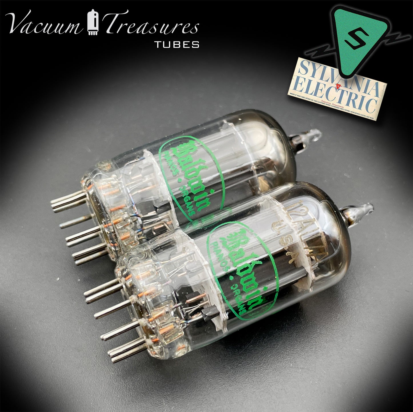 12AU7A / ECC82 NOS Baldwin by Sylvania Matched Pair Long Gray Plates Halo Getter Tubes USA '63