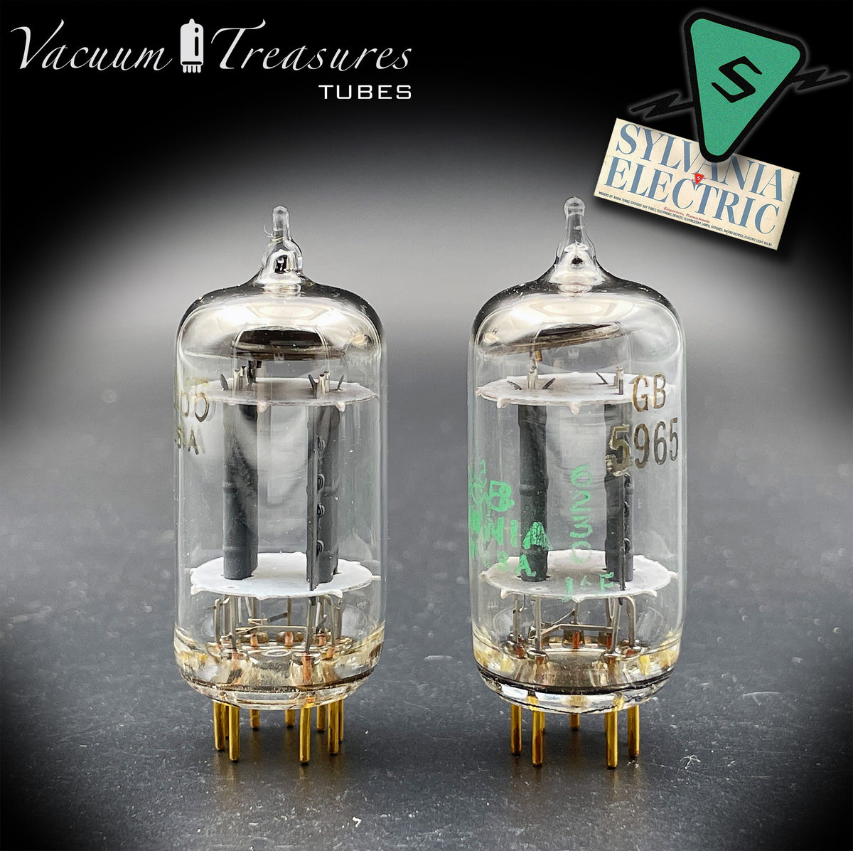 5965 / E180CC NOS NIB SYLVANIA Triple Mica Gold Pin Tested Pair Balanced Sections Made in USA