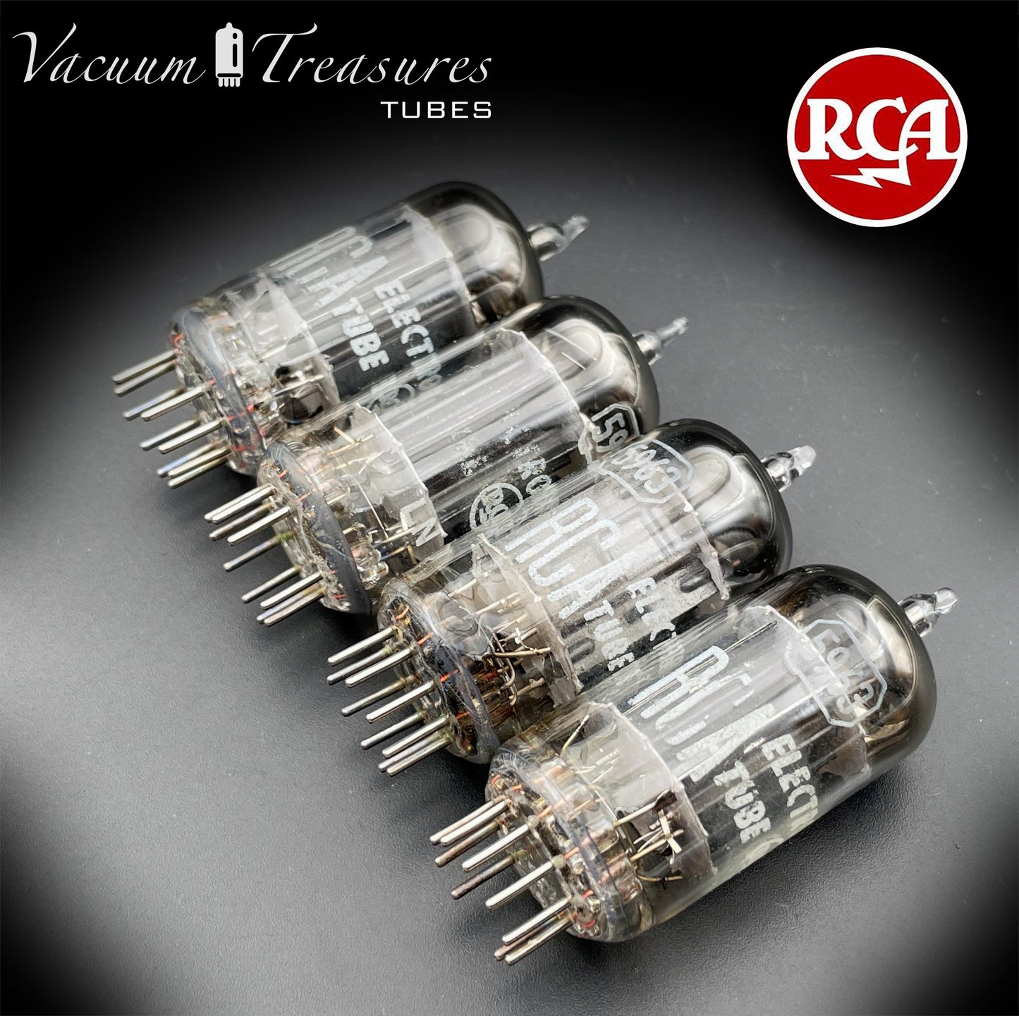 5963 ( 12AU7 ) RCA Matched Quad Long Black Plates Foil Getter AMPLITREX Tested