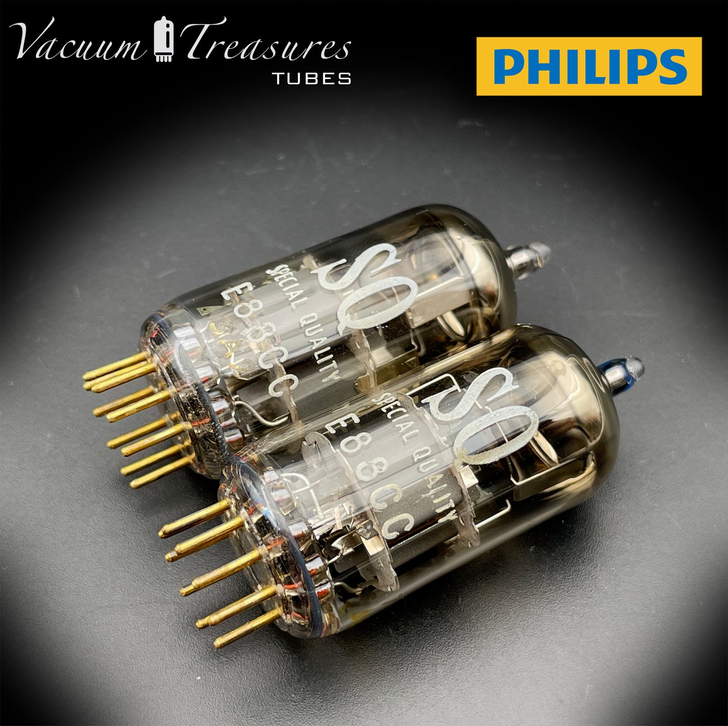 E88CC ( 6922 ) PHILIPS Special Quality Matched Pair Halo Getter Gold Pin Tubes Made in Holland '63