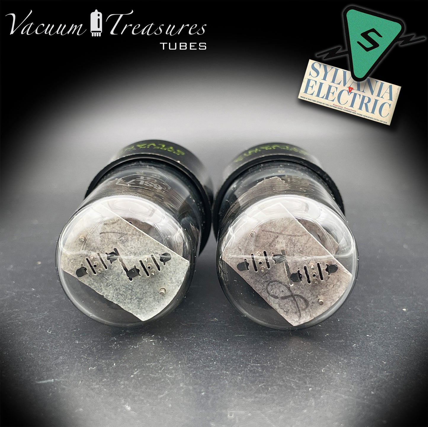 6SL7GT (VT-229) SYLVANIA NOS Black Round Plates Foil Getter AMPLITREX Matched Pair Made in USA '50s.