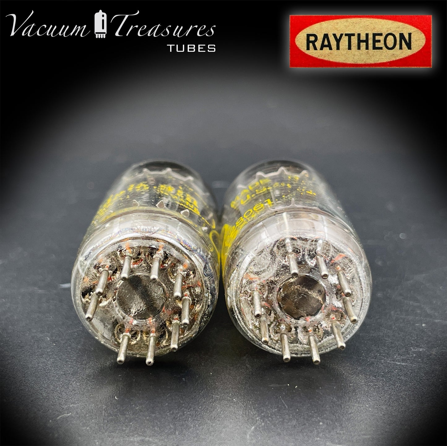 12AX7A ECC83 Baldwin Raytheon Matched Pair Tubes – Long Black Plates Halo Getter USA 1960s