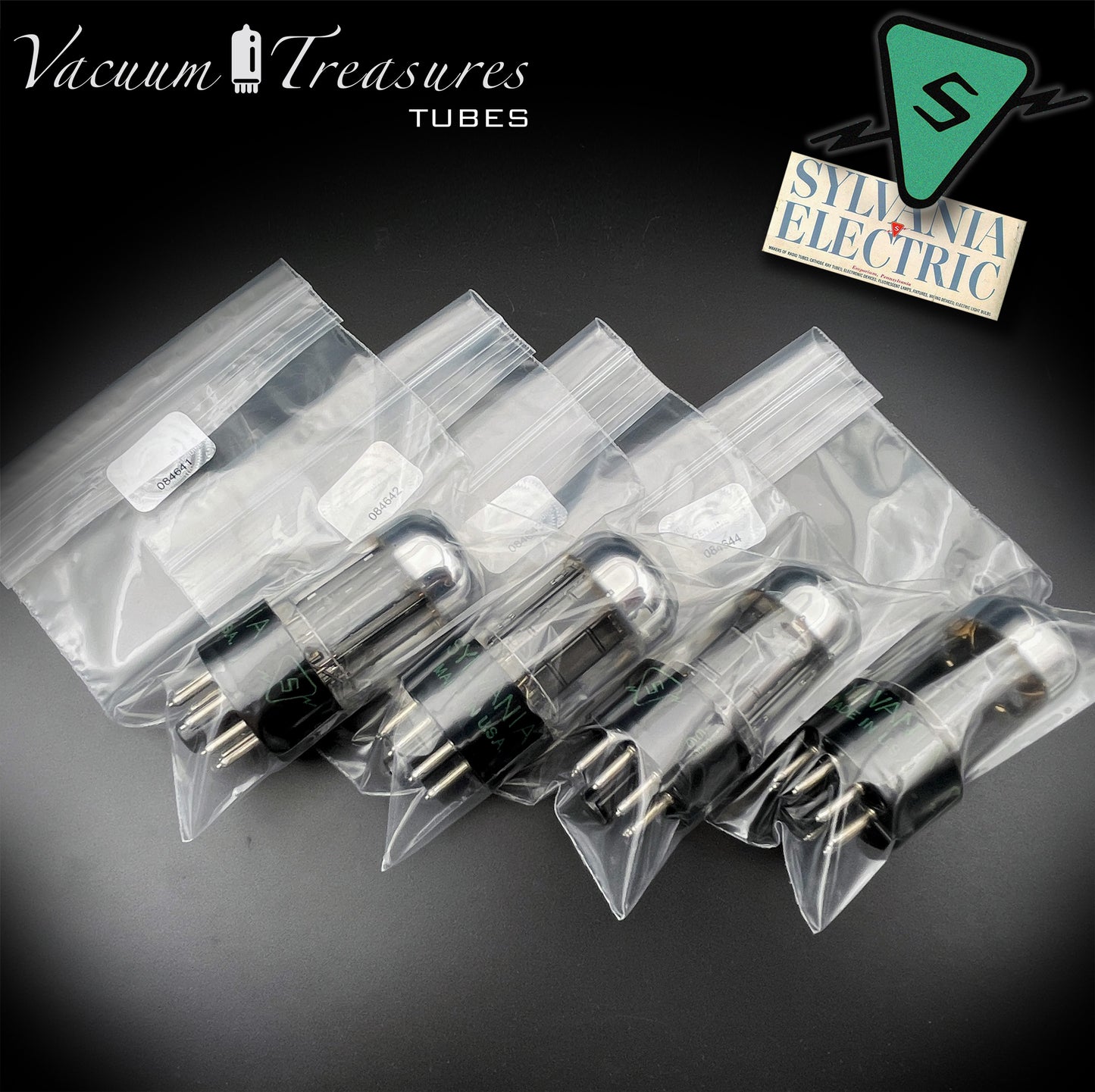 6SN7GTB NOS SYLVANIA CHROME TOP Green Dot Matched Quad Black Plates Tubes USA '50s