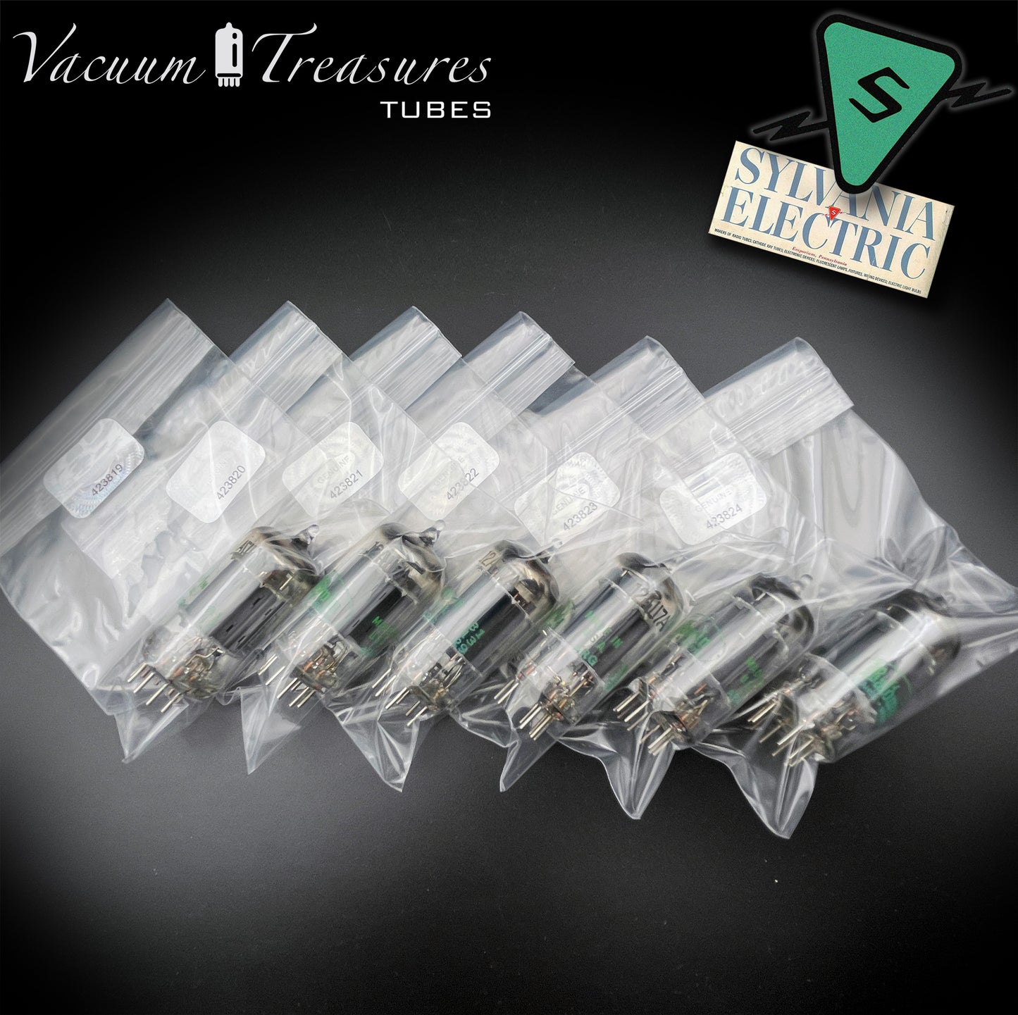 12AU7A ECC82 NOS Sylvania – Long Gray Plates Halo Getter Matched Sextet Tubes USA 1951