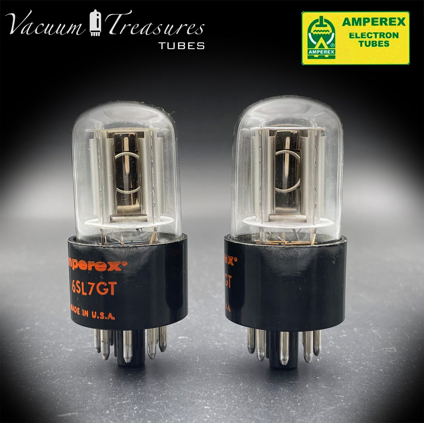 6SL7GT AMPEREX GLOBE Matched Pair Silver Plates Side Halo Getter Tubes USA 60s