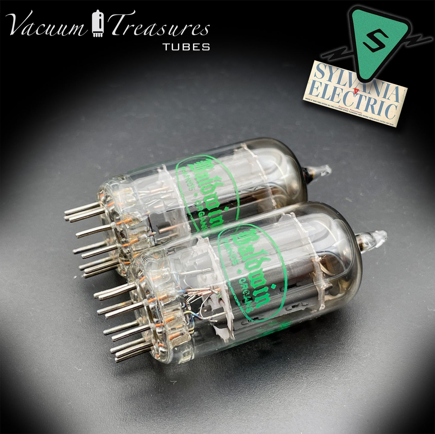 12AU7A / ECC82 NOS Baldwin by Sylvania Matched Pair Long Gray Plates Halo Getter Tubes USA '63