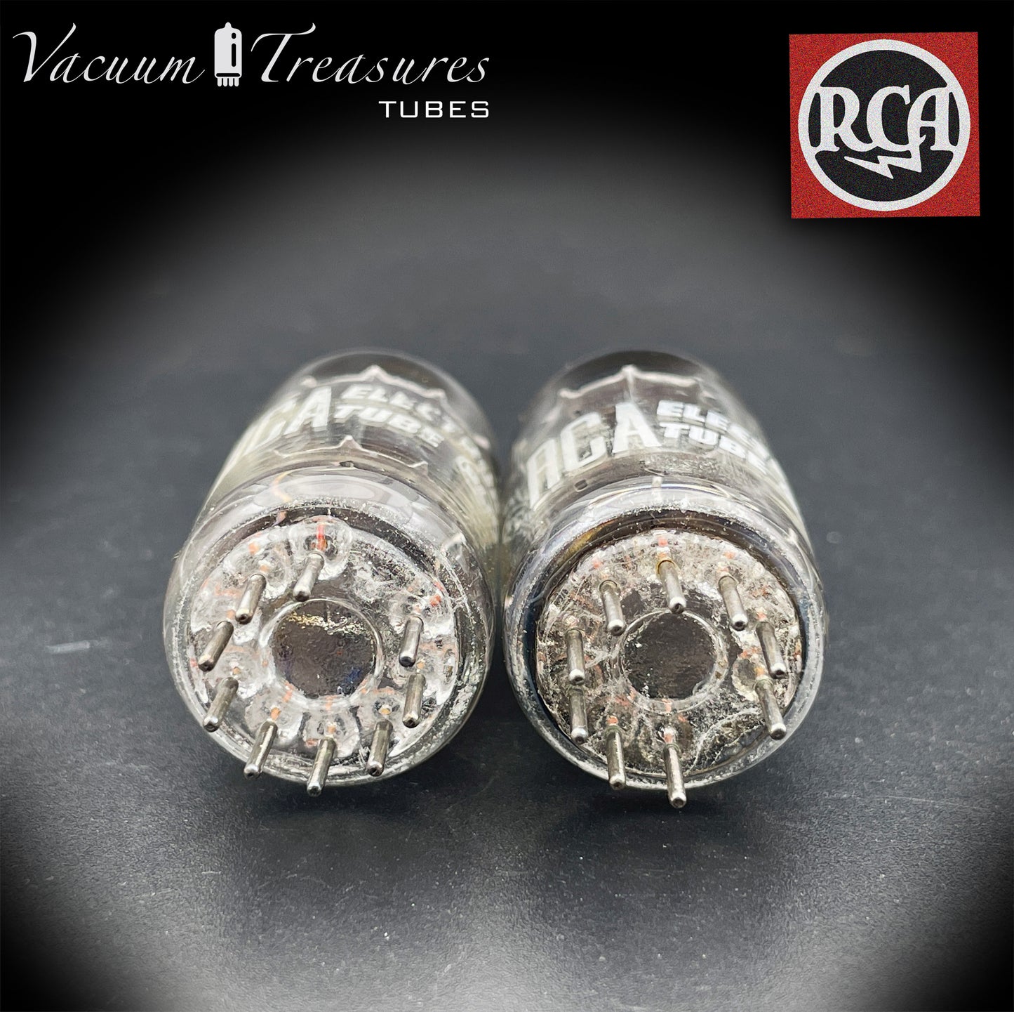 12AX7 / ECC83 RCA Matched Pair Long Black Plates Square Tilt getter Made in USA '58