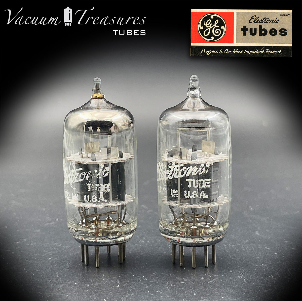 12AY7 GE Matched Pair Gray Ribbed Plates Halo Getter Tube Made In USA '60