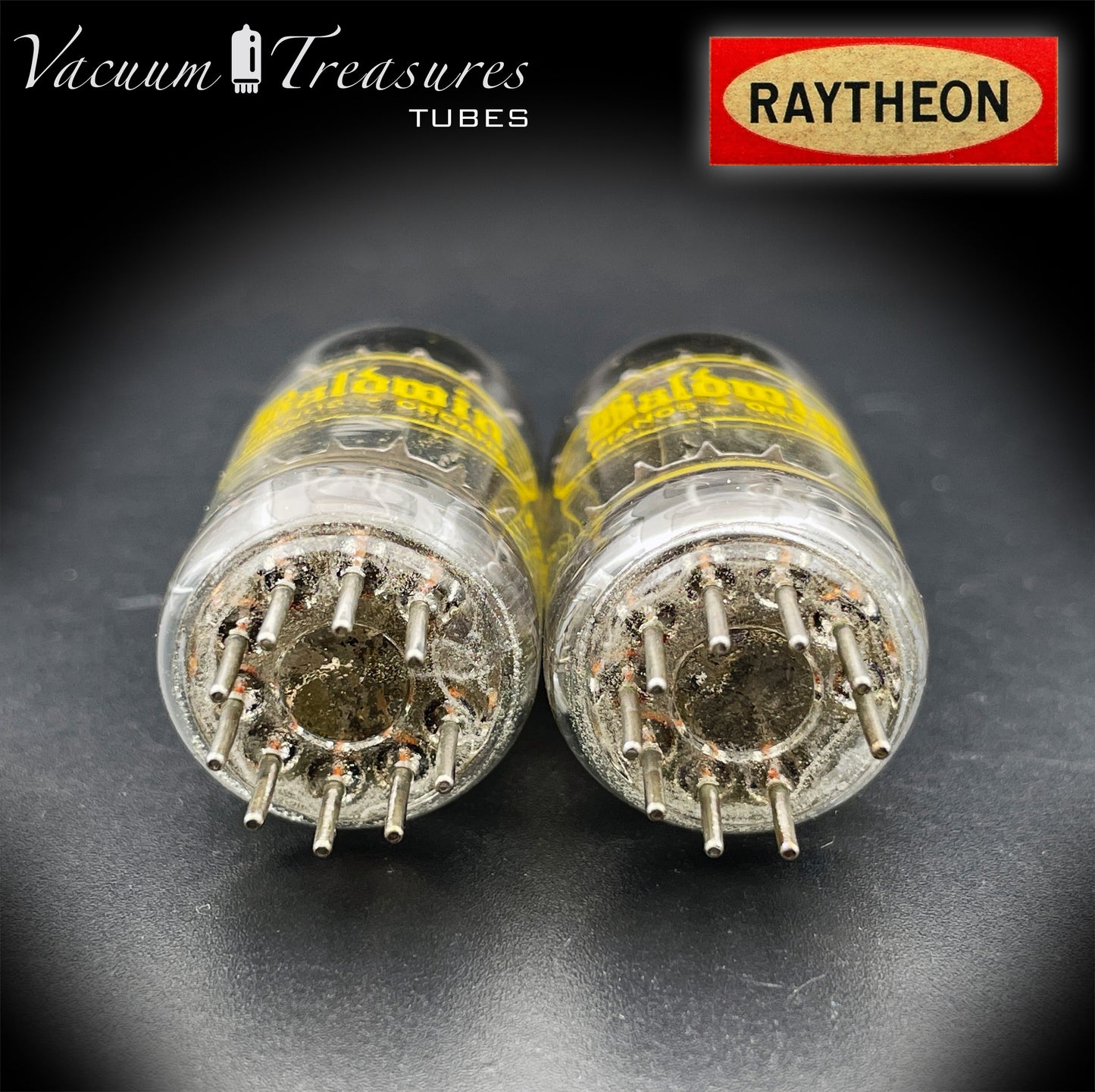 12AU7A / ECC82 NOS Baldwin by RAYTHEON Matched Pair Tubes Long Black Plates Halo Getter Made in USA '61