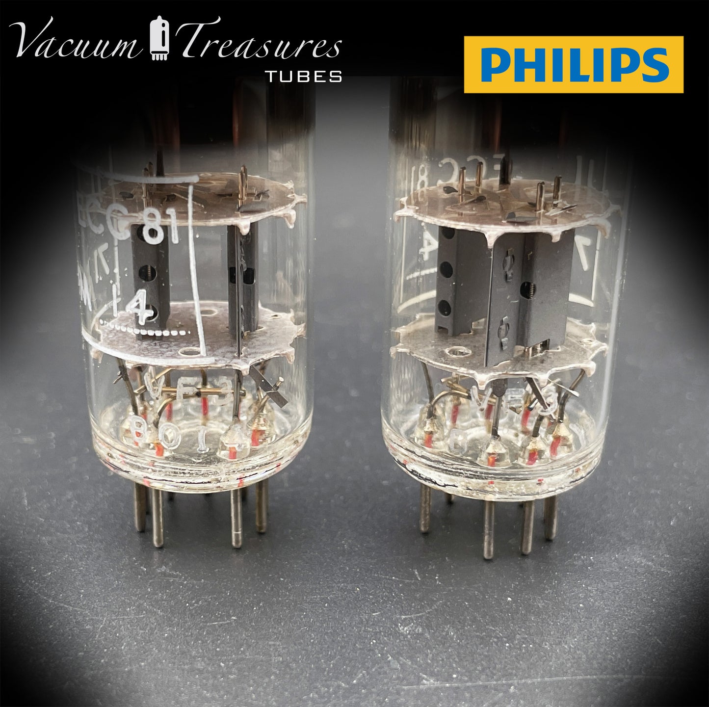 12AT7 ( ECC81 ) NOS NIB PHILIPS by Mullard, Blackburn Plant, Wing Gray Plates Halo Getter Matched Pair Tubes MADE IN GT. BRITAIN