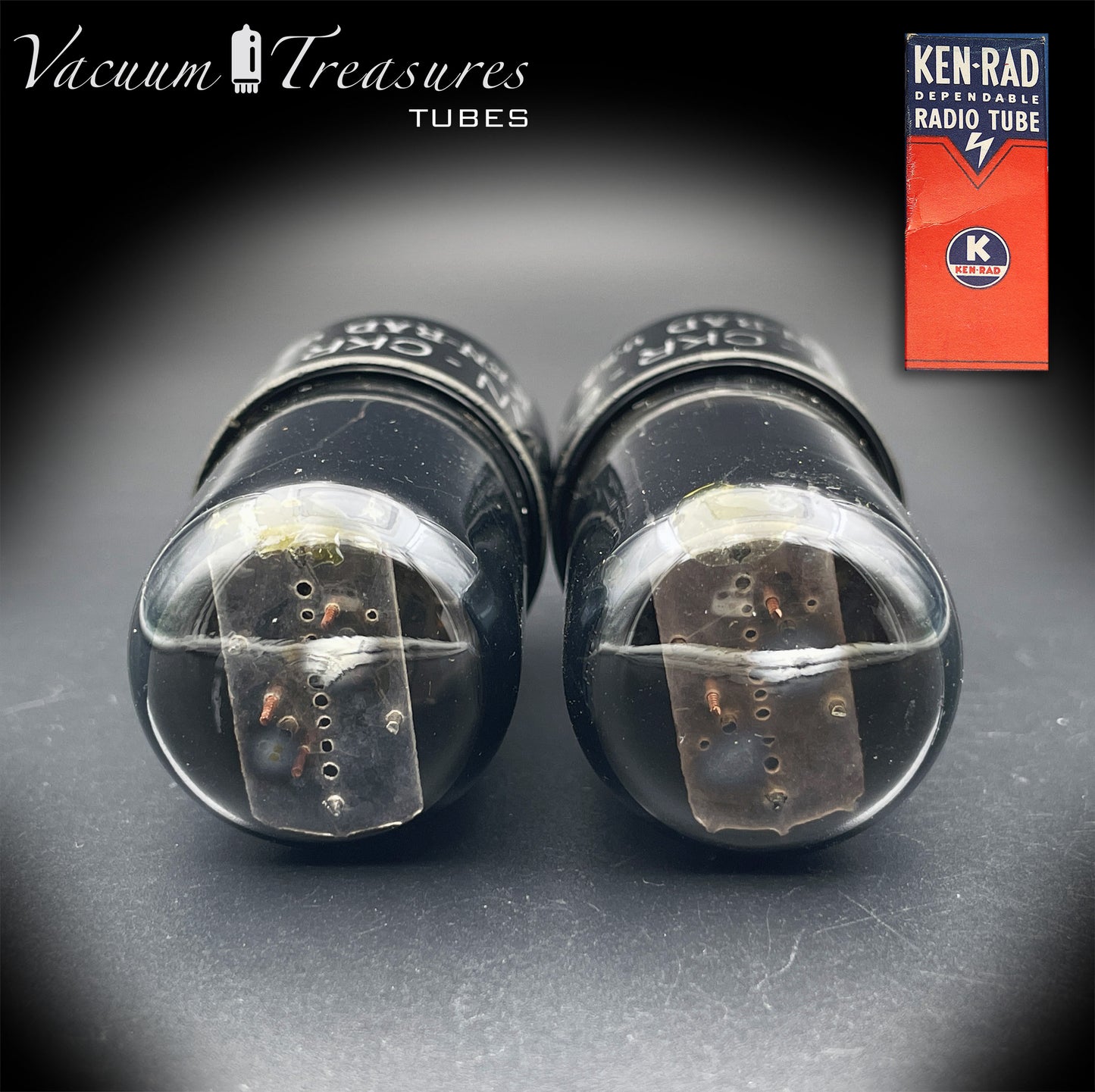 6SN7GT VT-231 KEN-RAD Black Plates Black Glass Foil Getter – Matched Pair – Made in USA anni ’40