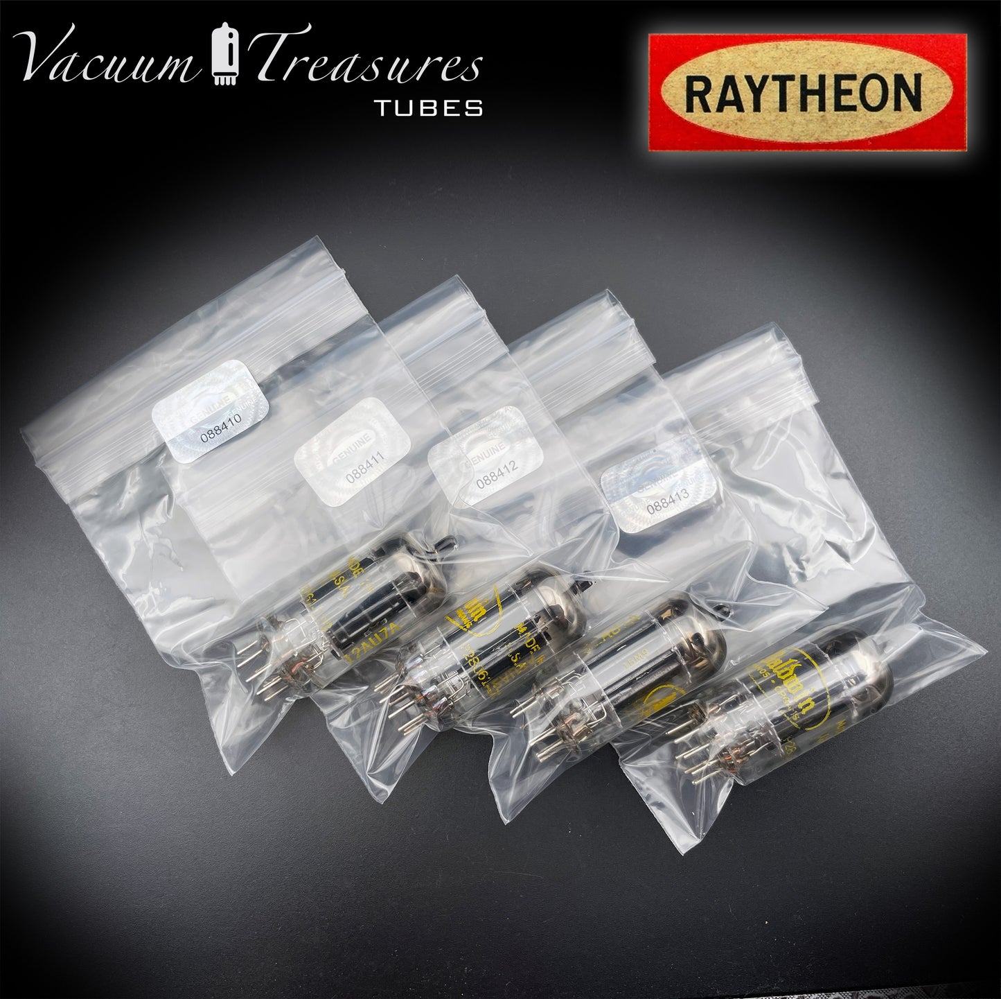 12AU7A / ECC82 NOS Baldwin by RAYTHEON Matched Quad Tubes Long Black Plates Halo Getter Made in USA '61