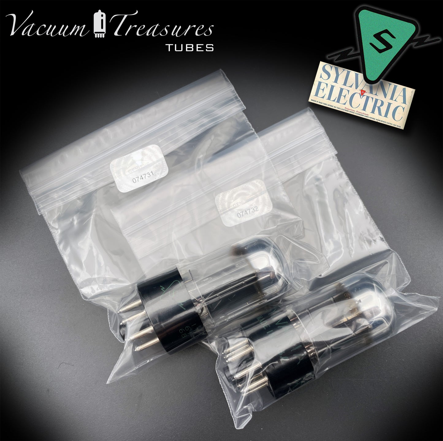 6SN7GTB NOS SYLVANIA CHROME TOP Green Dot Matched Pair Black Plates Tubes USA '50s