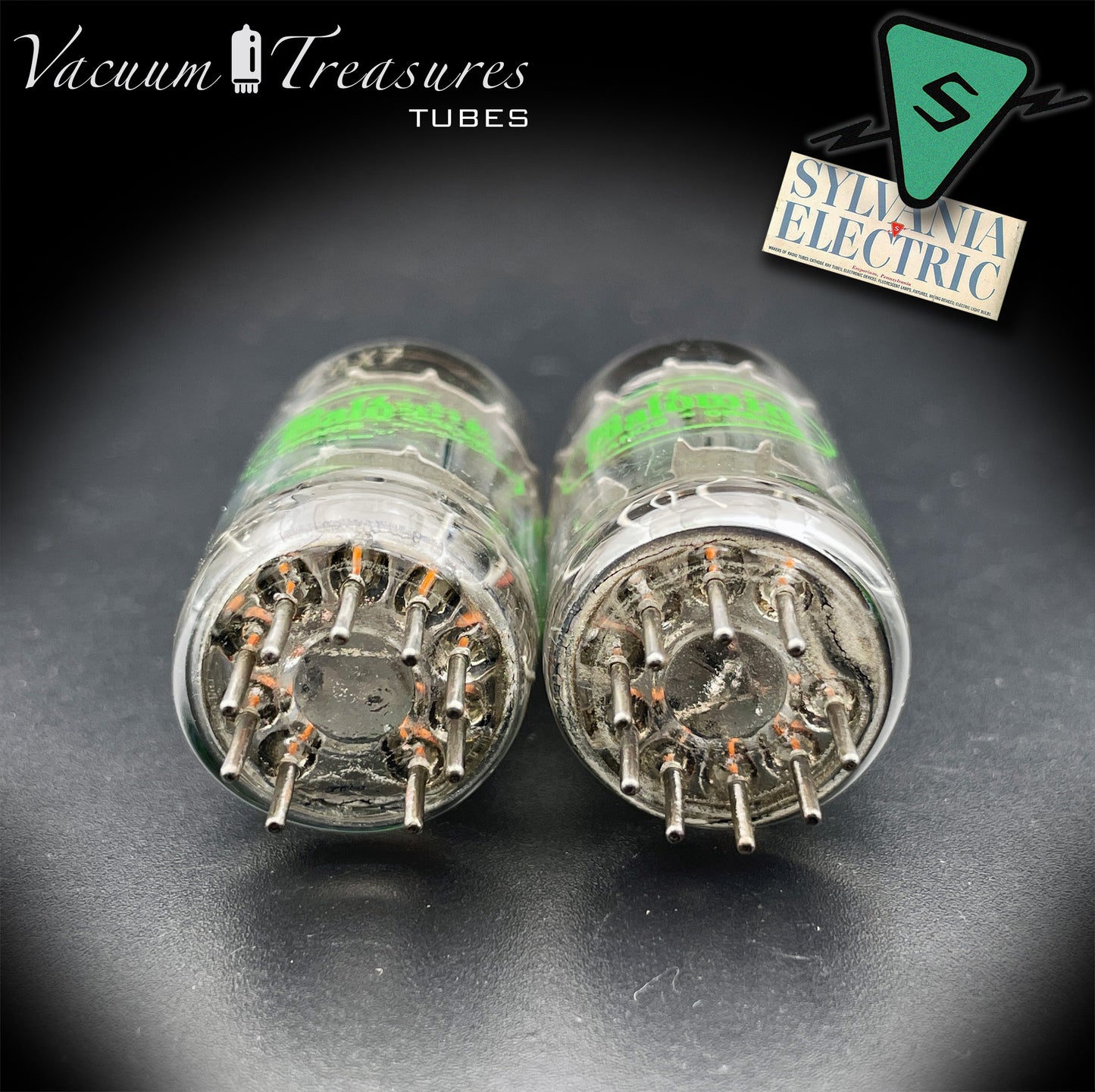 12AX7 ECC83 Baldwin by SYLVANIA – Matched Pair – Long Gray Plates Halo Getter USA 1959