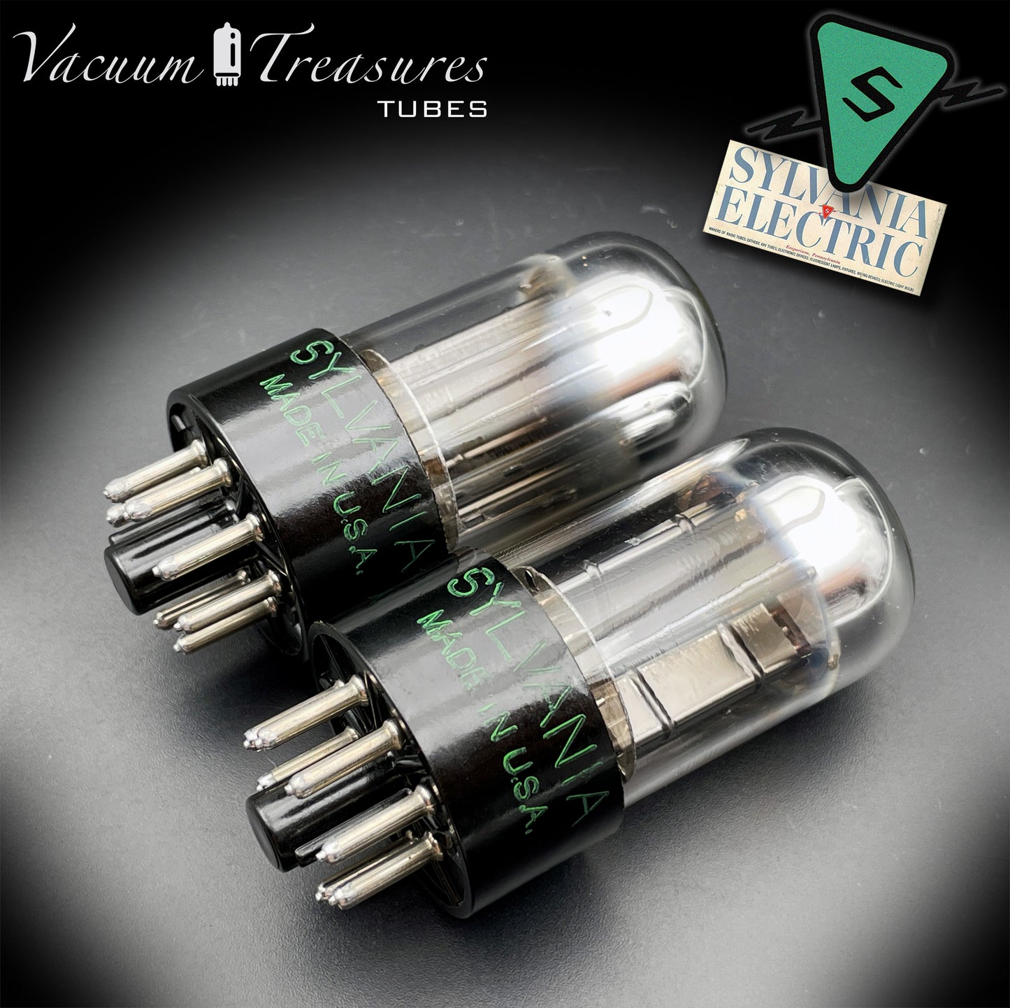 6SN7GTB NOS SYLVANIA CHROME TOP Matched Pair Low Noise & Mic Black Plates Tubes USA 1955