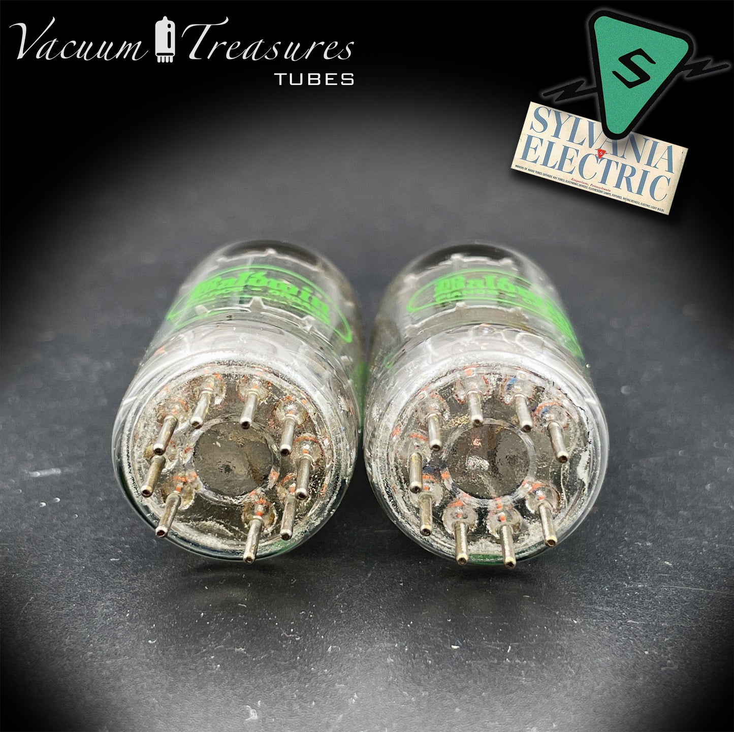 12AU7A / ECC82 NOS Baldwin by SYLVANIA Long Gray Plates Halo Getter Matched Pair Tubes Made in USA '60s