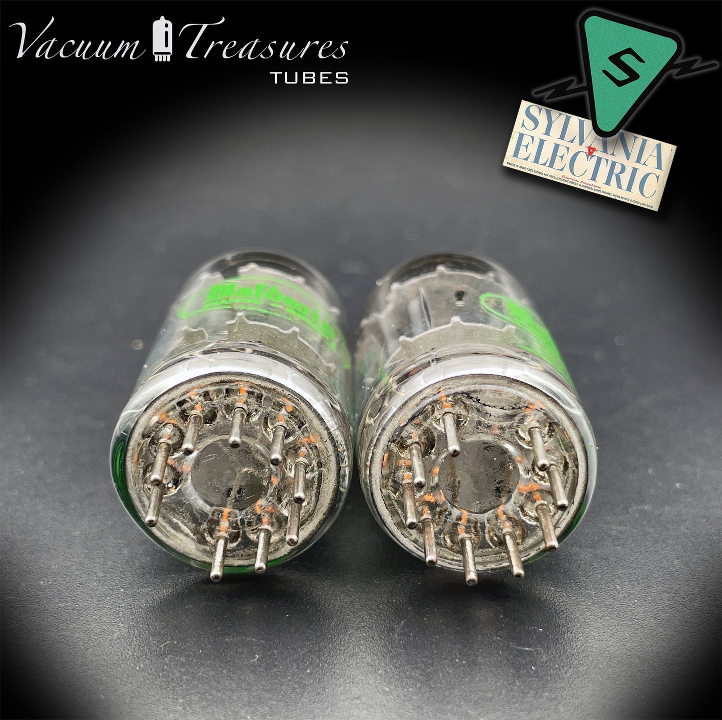 12AX7 ECC83 Baldwin by SYLVANIA – Matched Pair – Long Gray Plates Halo Getter USA 1959