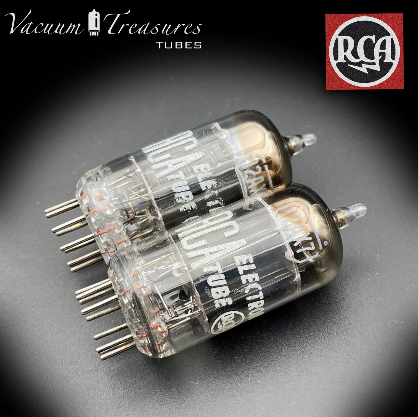 12AX7 / ECC83 RCA Matched Pair Long Black Plates Square Tilt getter Made in USA '58