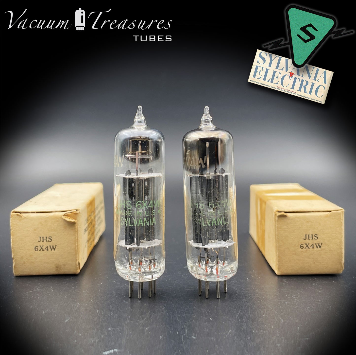 JHS 6X4W EZ90 NOS NIB SYLVANIA Matched Pair Black Plates Square Getter Made in USA '54