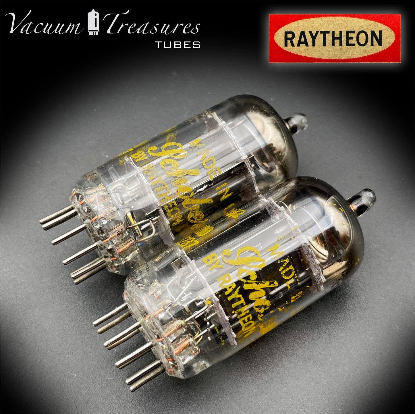 12AX7A ECC83 RAYTHEON – Matched Pair – Long Black Plates Tubes Made in USA '62