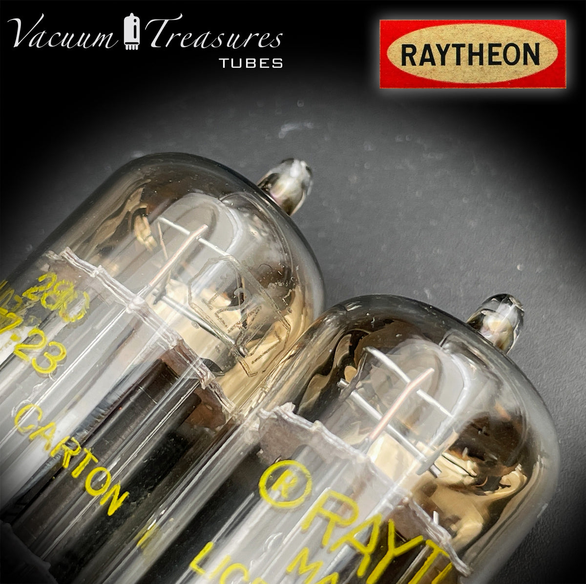 12AU7 / ECC82 RAYTHEON Matched Pair Long Black Plate Square Getter Tested Tubes USA '57