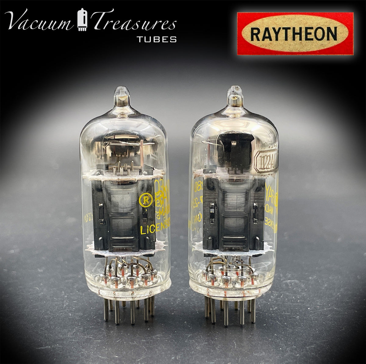 12AU7 / ECC82 RAYTHEON Matched Pair Long Black Plate Square Getter Tested Tubes USA '57
