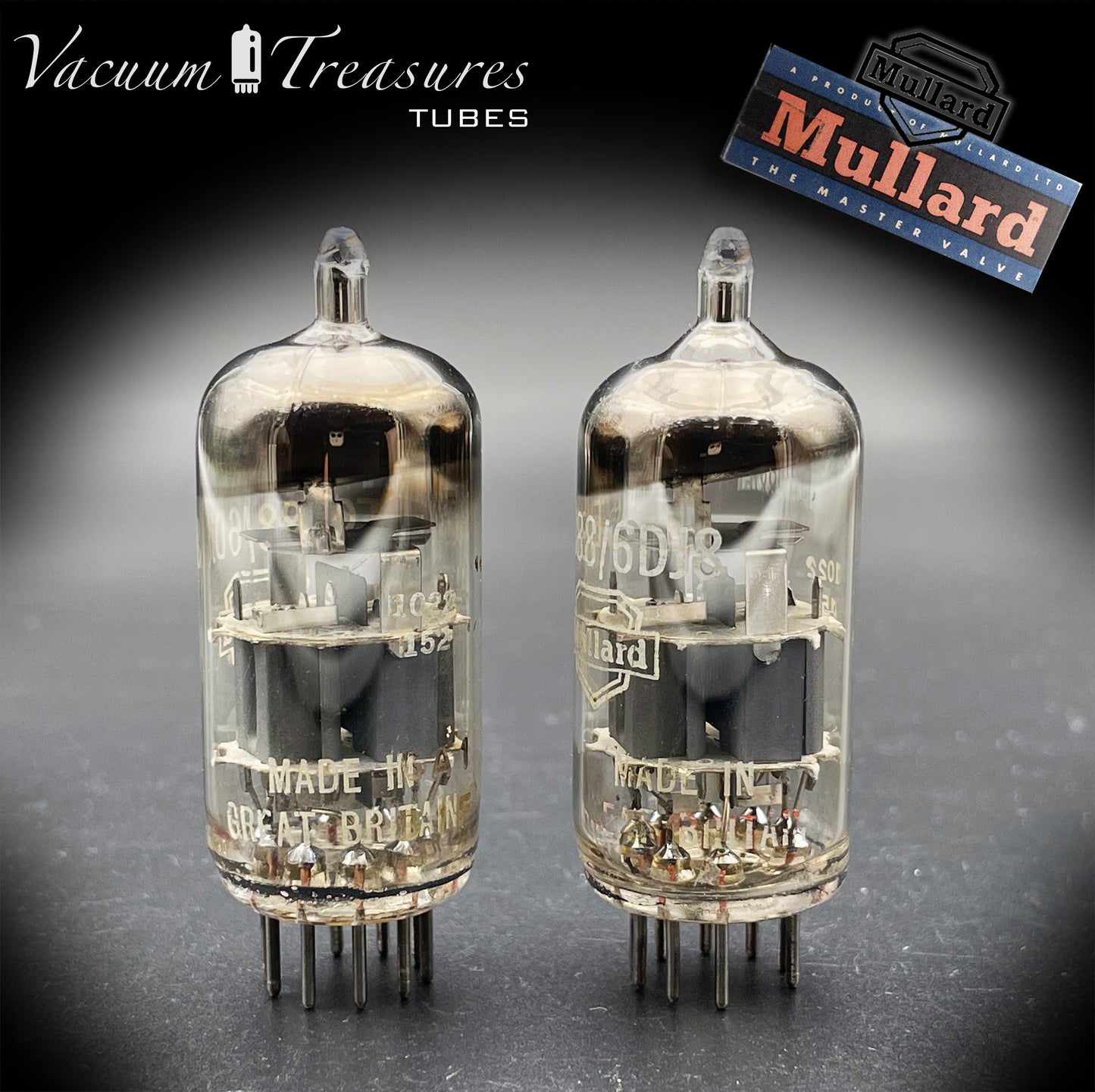 ECC88 / 6DJ8 MULLARD Blackburn Large Halo Getter - Matched Pair - GA1 B1F - AMPLITREX Tested - Made in Great Britain ’50s