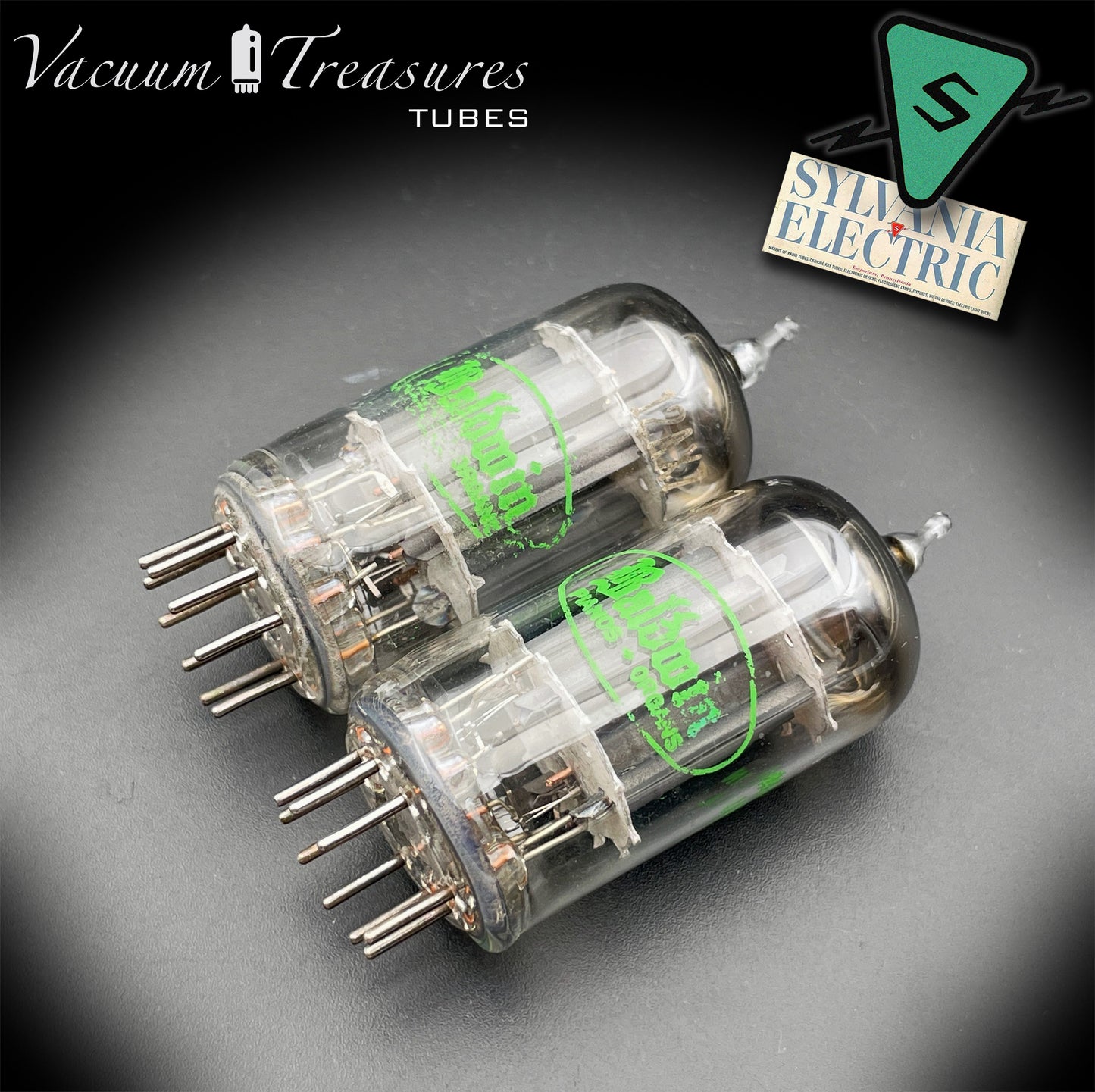 12AX7 ECC83 Baldwin by SYLVANIA – Matched Pair – Long Gray Plates Halo Getter USA 1959