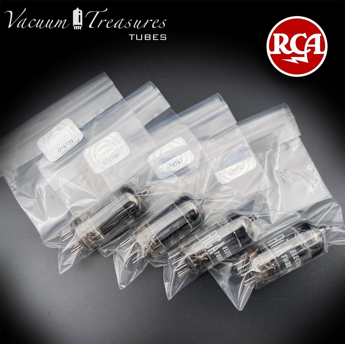 5963 ( 12AU7 ) RCA Matched Quad Long Black Plates Foil Getter AMPLITREX Tested