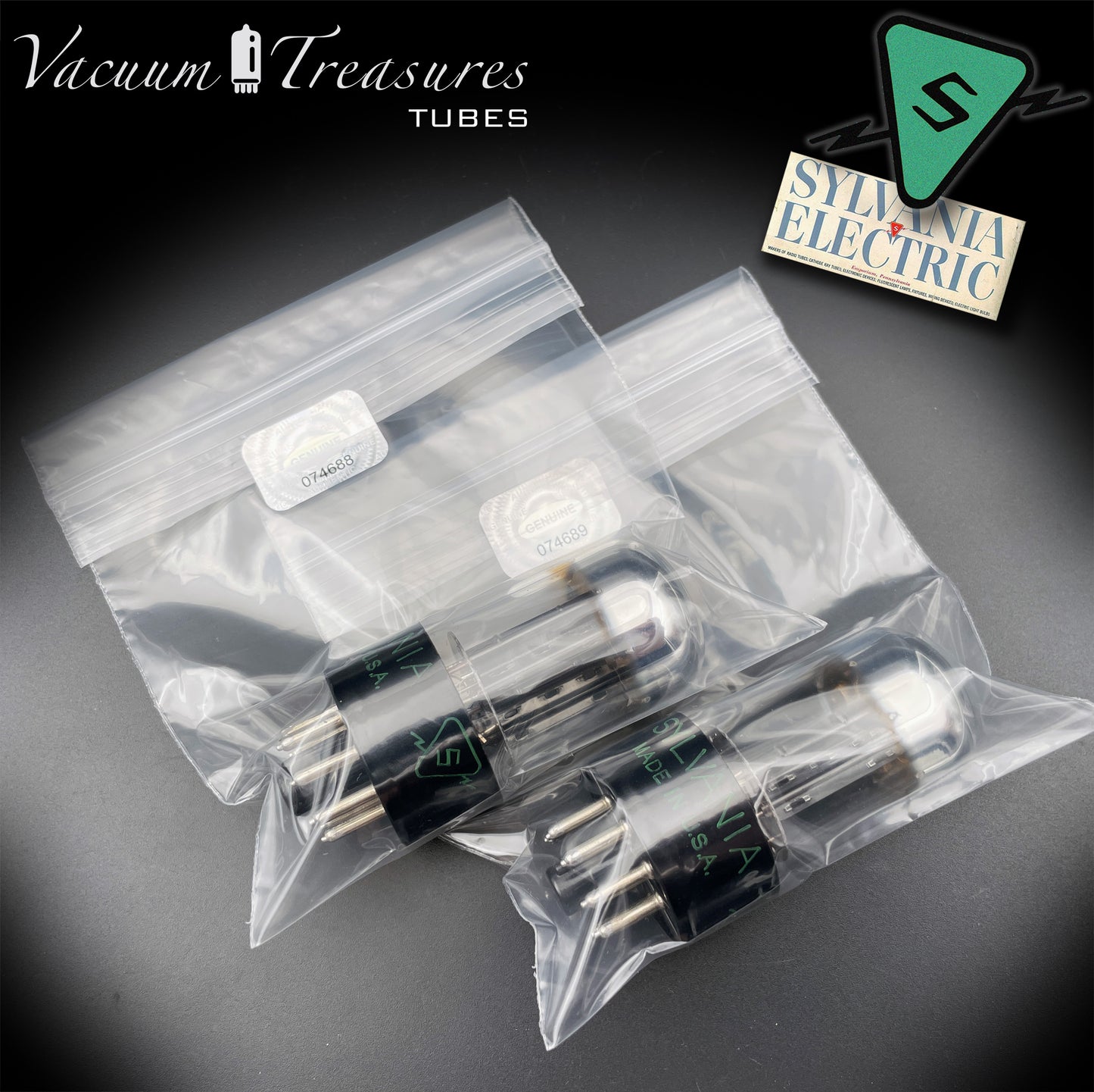 6SN7GTB NOS SYLVANIA CHROME TOP Green Dot Matched Pair Black Plates Tubes USA '50s