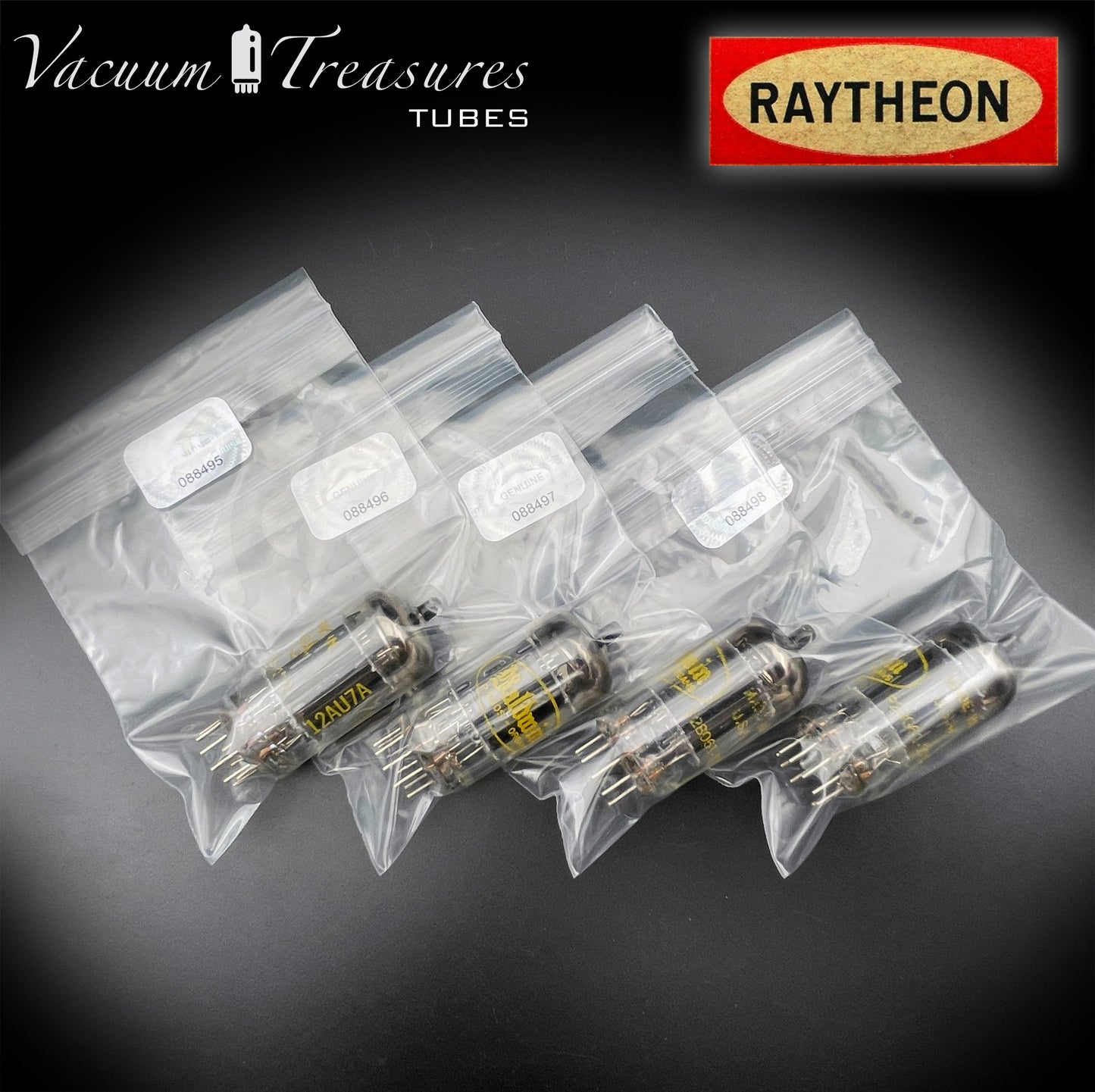 12AU7A / ECC82 NOS Baldwin by RAYTHEON Matched Quad Tubes Long Black Plates Halo Getter Made in USA '61