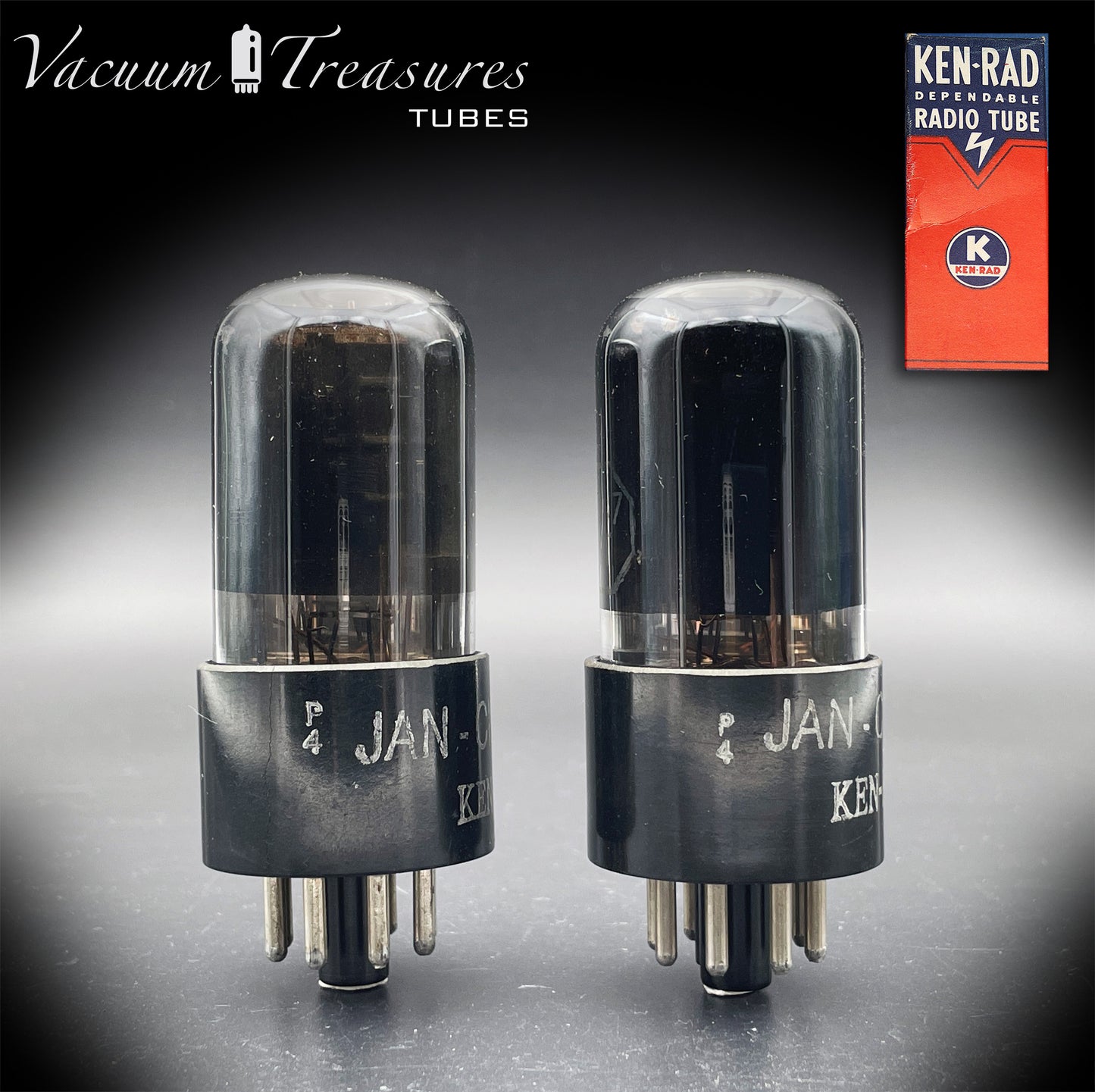 6SN7GT VT-231 KEN-RAD Black Plates Black Glass Foil Getter – Matched Pair – Made in USA anni ’40
