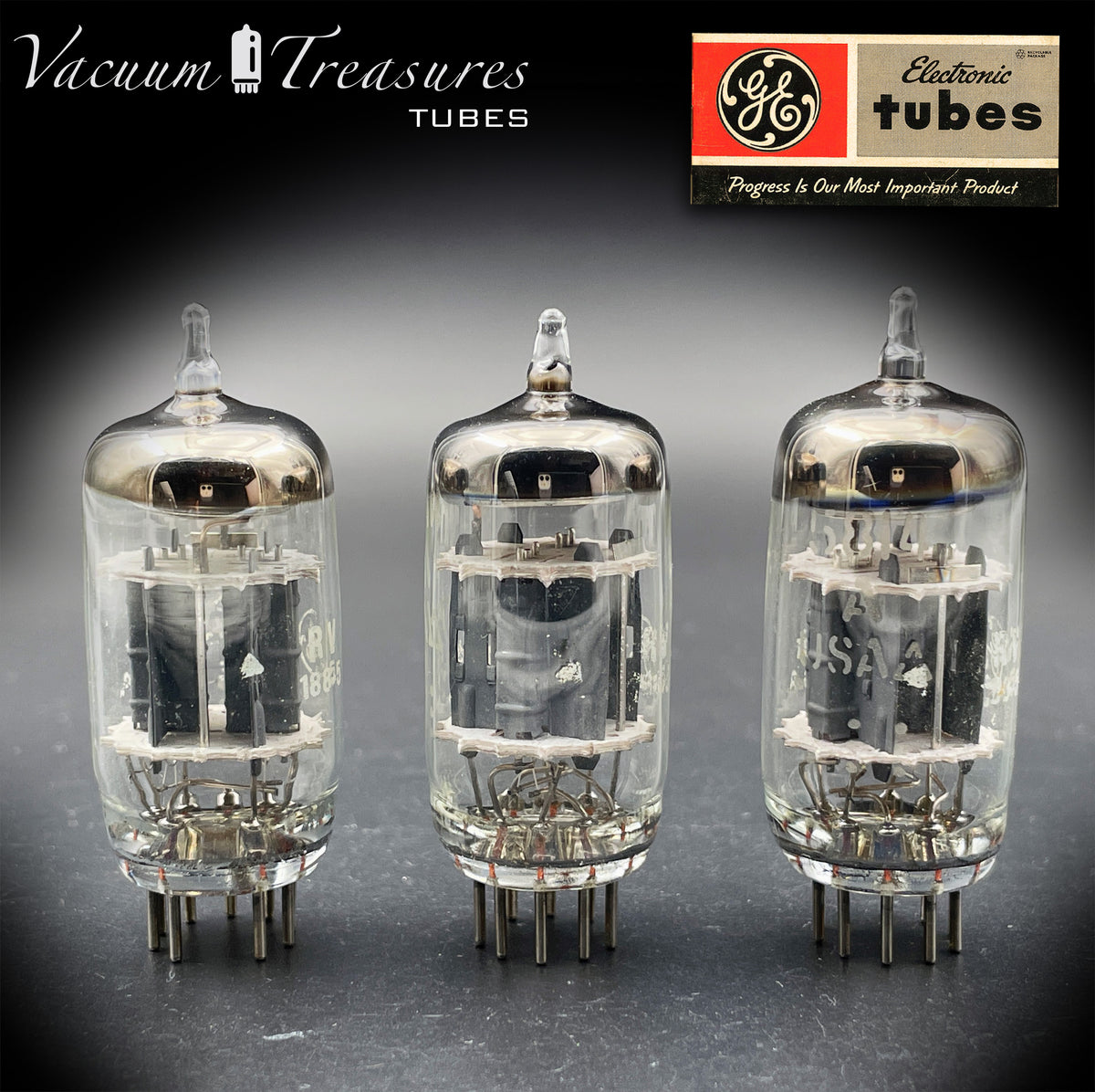 5814A / 12AU7WA / E82CC GE Five Stars Matched Trio Gray Plates Disc Getter Made in USA '66