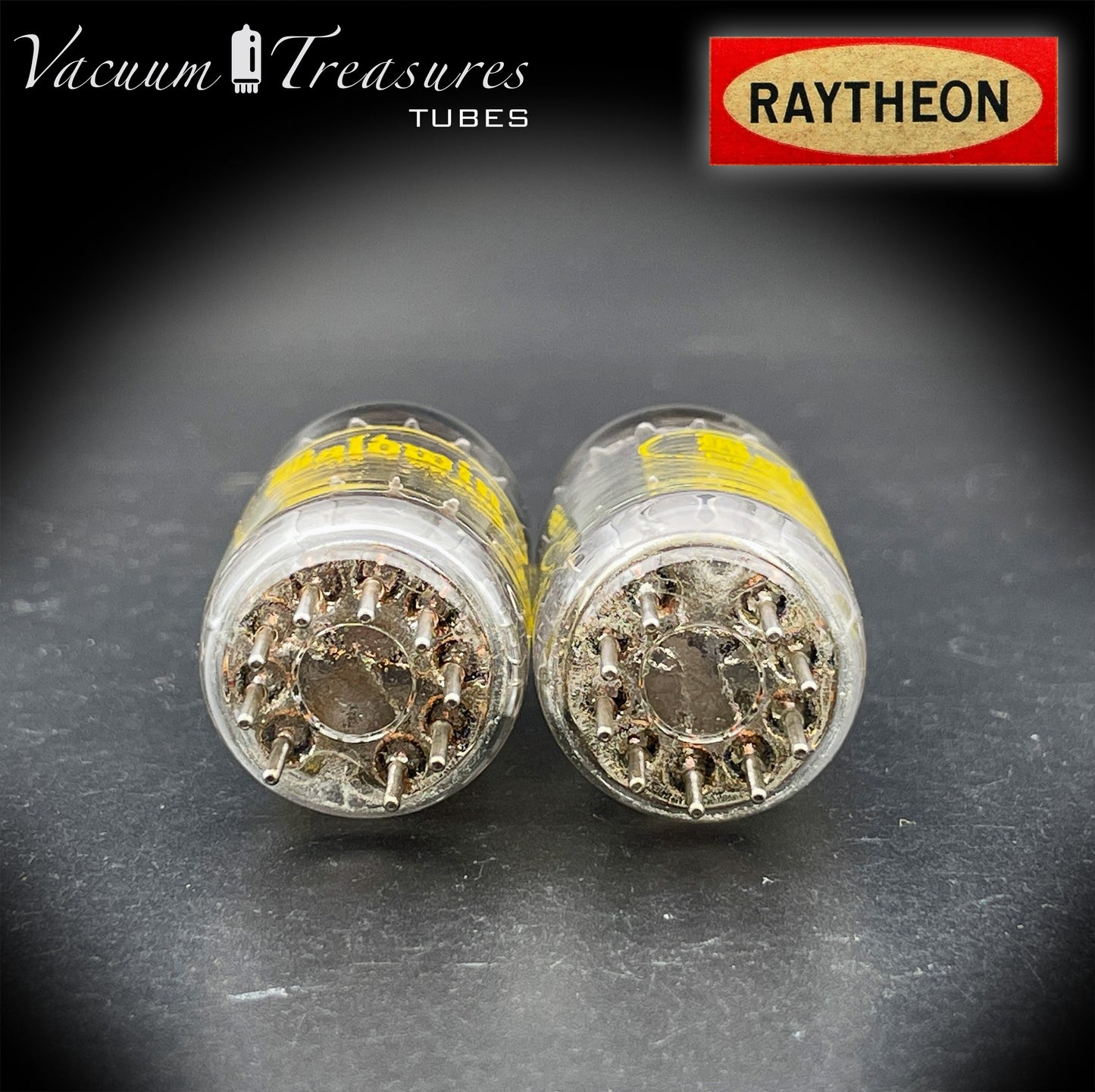 12AU7A / ECC82 NOS Baldwin by RAYTHEON Matched Pair Tubes Long Black Plates Halo Getter Made in USA '61
