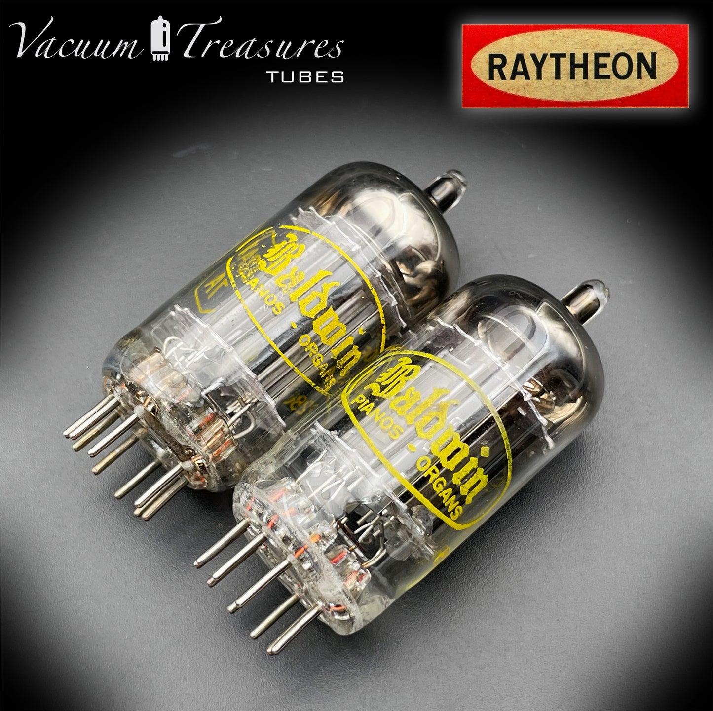 12AX7A ECC83 Baldwin RAYTHEON Matched Pair Tubes – Long Black Plates Halo Getter USA 1960s