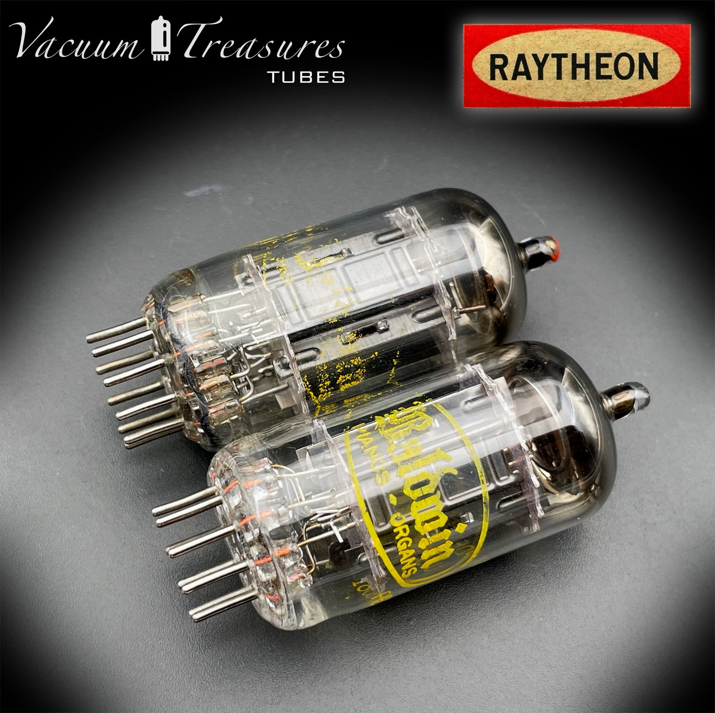12AX7A ECC83 Baldwin Raytheon Matched Pair Tubes – Long Black Plates Halo Getter USA 1960s