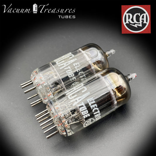 12AX7 / ECC83 RCA Matched Pair Long Black Plates Square Tilt getter Made in USA '58