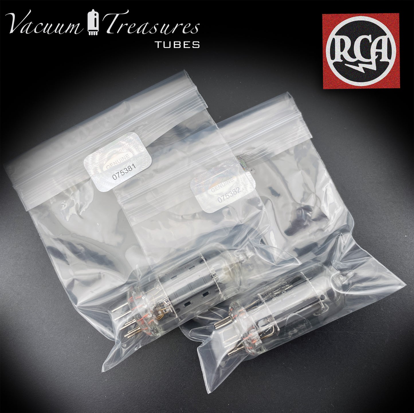12AU7 / ECC82 Baldwin by RCA AMPLITREX Matched Pair Clear Top Long Gray Plates Side D Getter Tubes