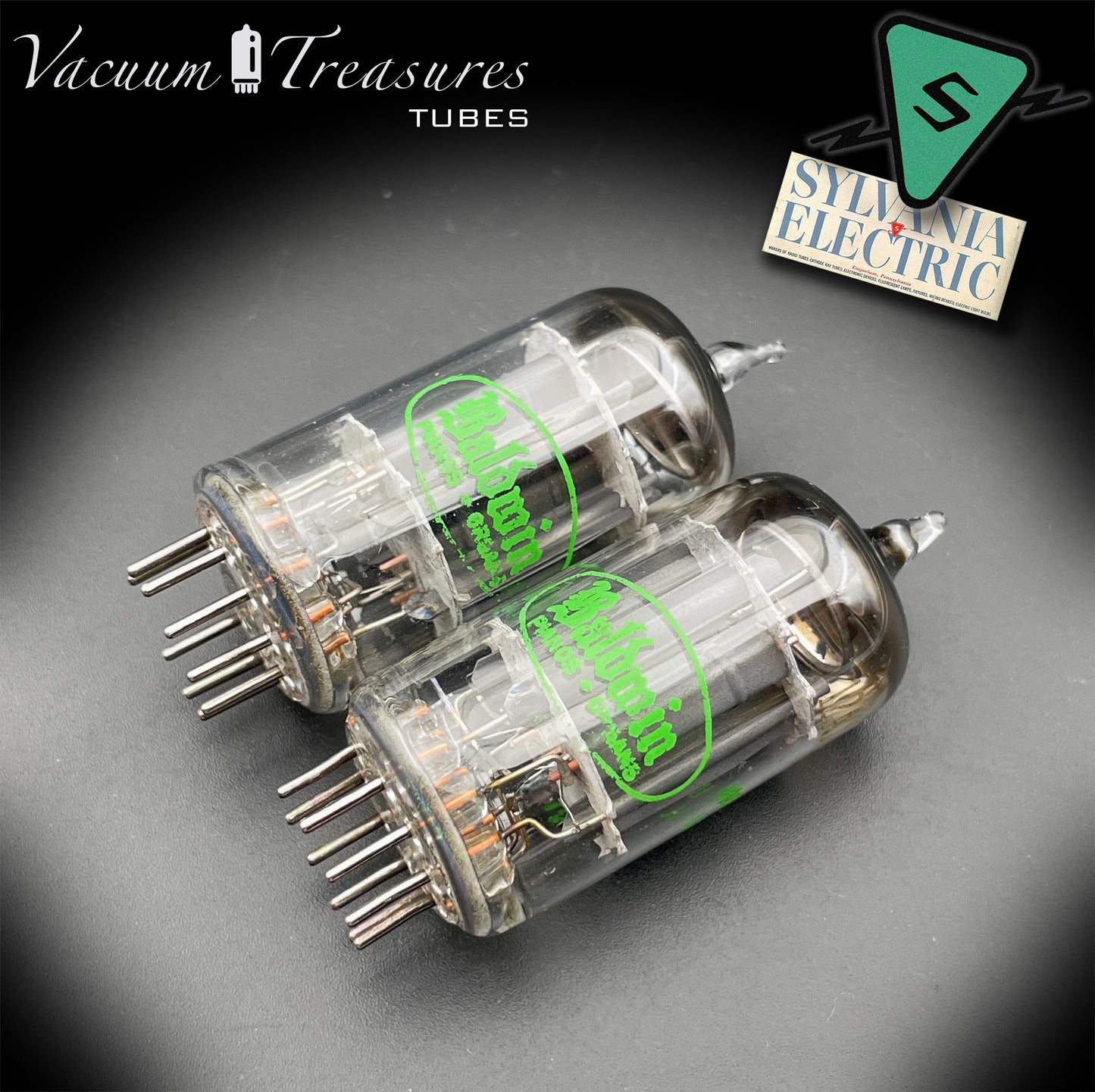 12AX7 ECC83 Baldwin by SYLVANIA – Matched Pair – Long Gray Plates Halo Getter USA 1959