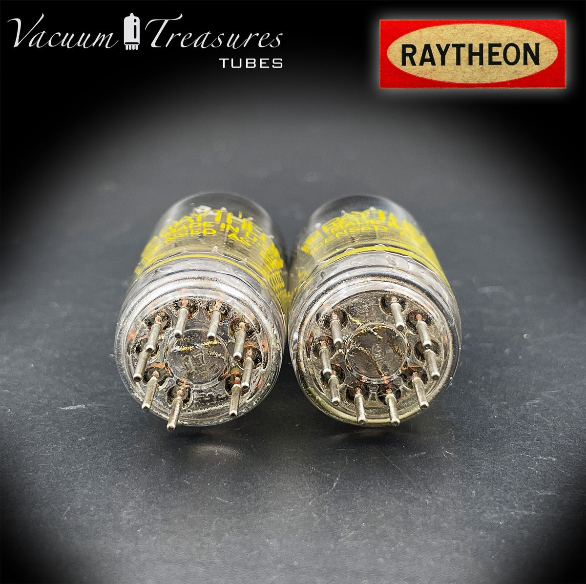 12AU7 / ECC82 RAYTHEON Matched Pair Long Black Plate Square Getter Tested Tubes USA '57