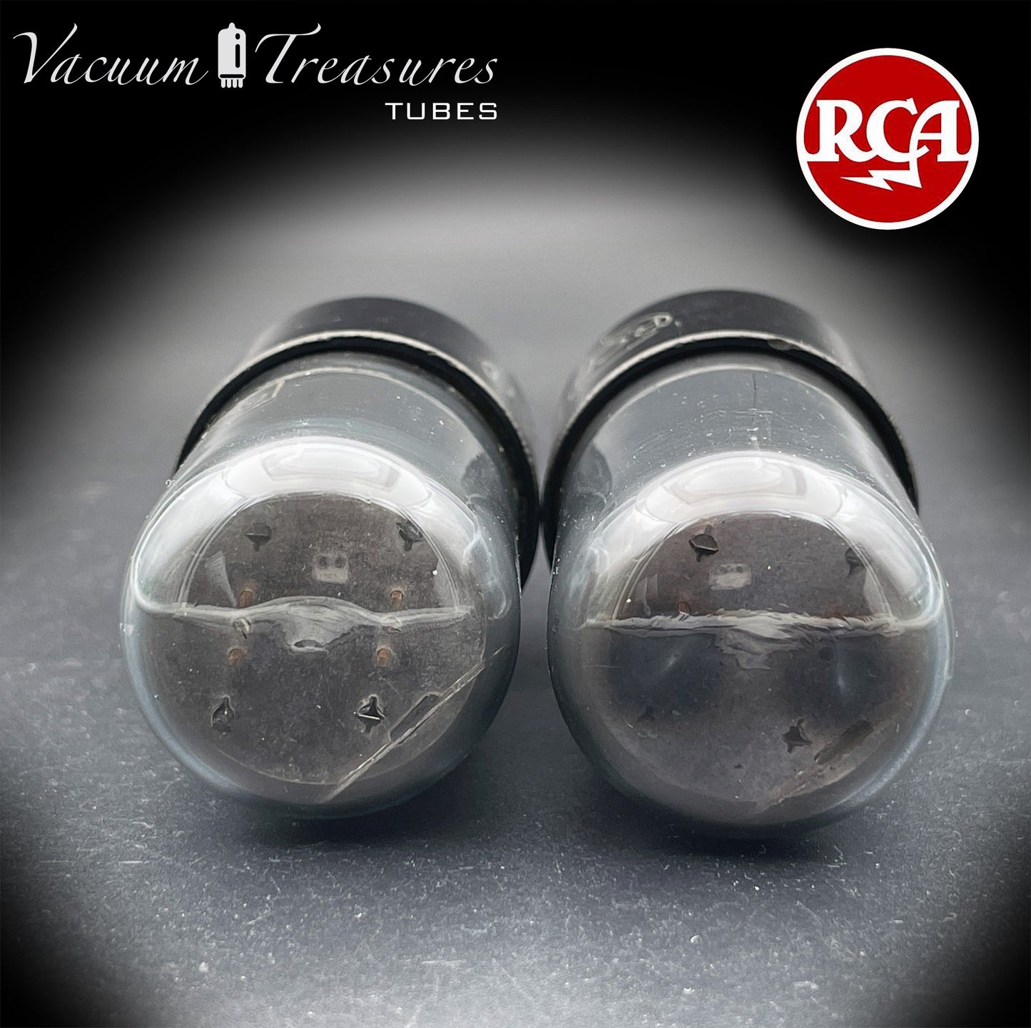 6SN7 GT RCA Radiotron Smoked Glass Matched Pair Silver Logo Black Plates D Getter AMPLITREX Tested Low Noise Tubes