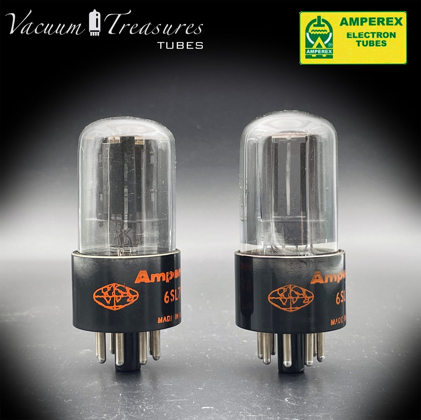 6SL7GT AMPEREX GLOBE AMPLITREX Tested Pair Black Plates Square Getter Tubes USA 60s