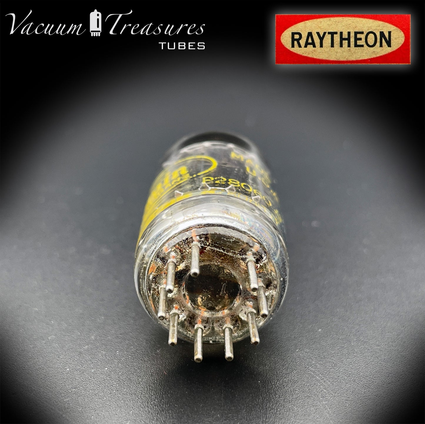 12AX7 A (ECC83) RAYTHEON Placas largas negras etiquetadas Órganos Baldwin Tubo probado Halo Getter Hecho en EE. UU. '60