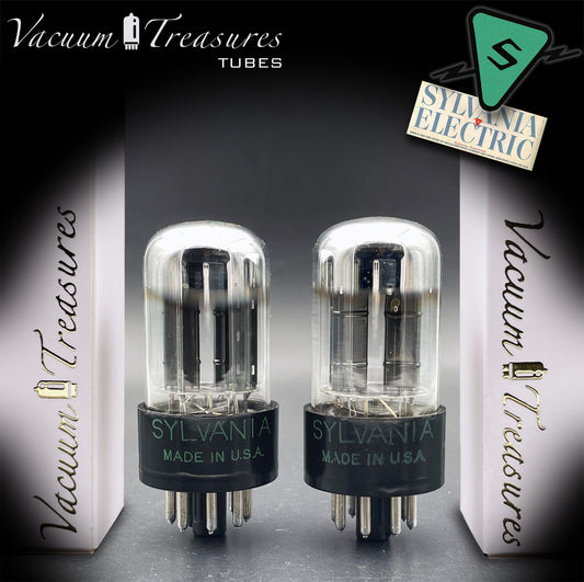 6SN7GTB NOS SYLVANIA CHROME TOP Green Dot Matched Pair Black Plates Tubes USA '50s