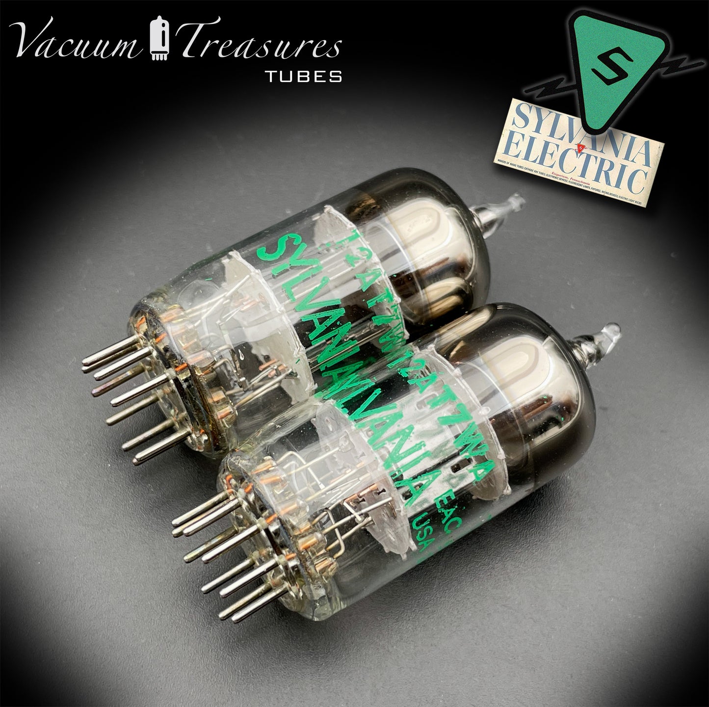 12AT7WA E81CC 6201 NOS SYLVANIA Matched Pair - Black Plates Halo Getter Made in USA