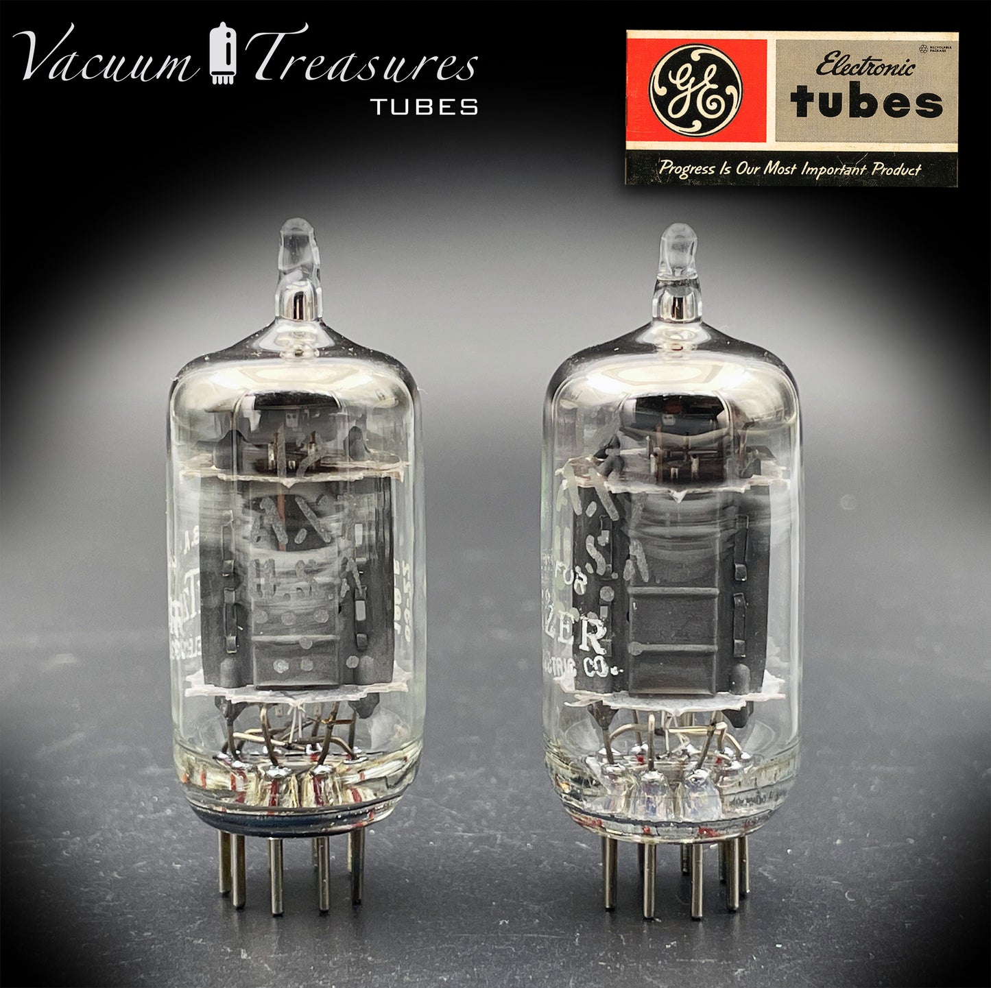 12AX7 / ECC83 Wurlitzer by GE Matched Pair Long Gray Plates Halo Getter Made in USA '63