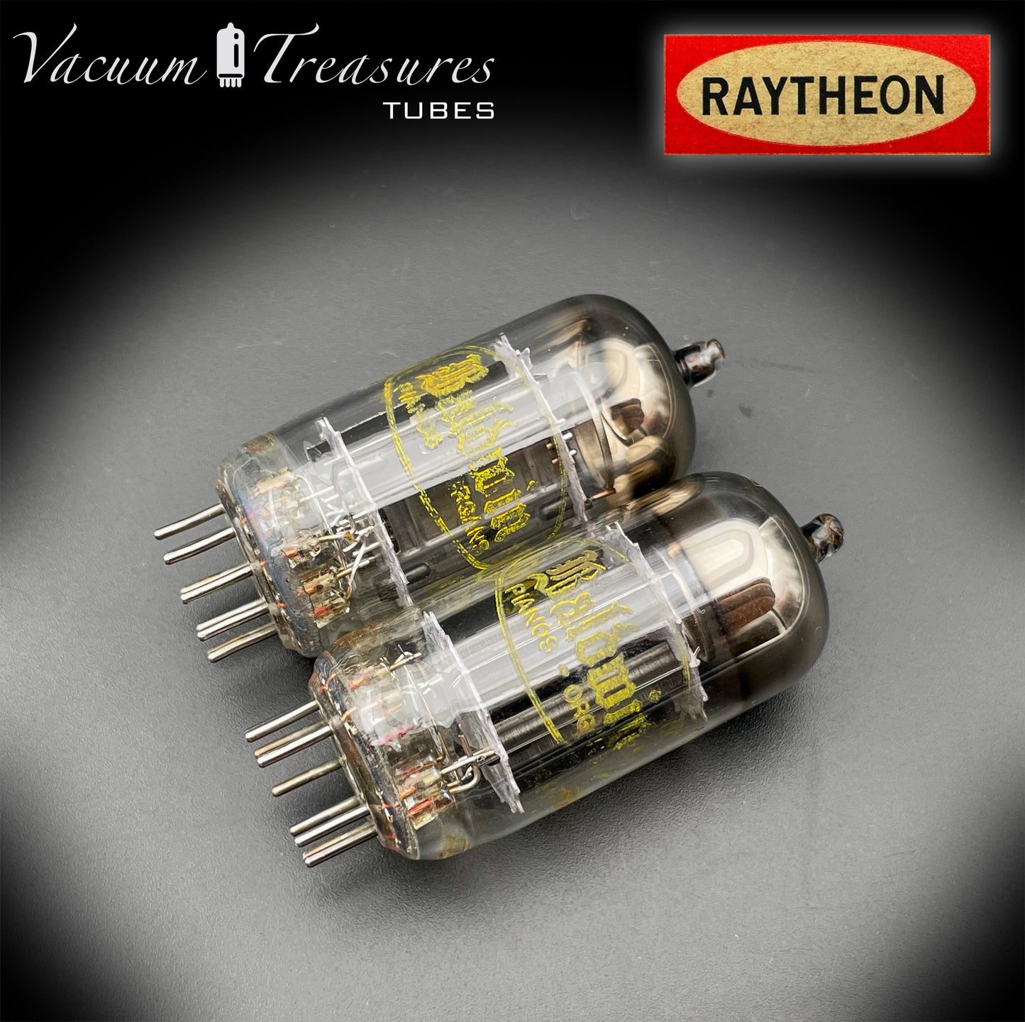 12AU7 ( ECC82 ) NOS RAYTHEON for Baldwin Long Black Plates Halo Getter Matched Tubes Made in USA '59