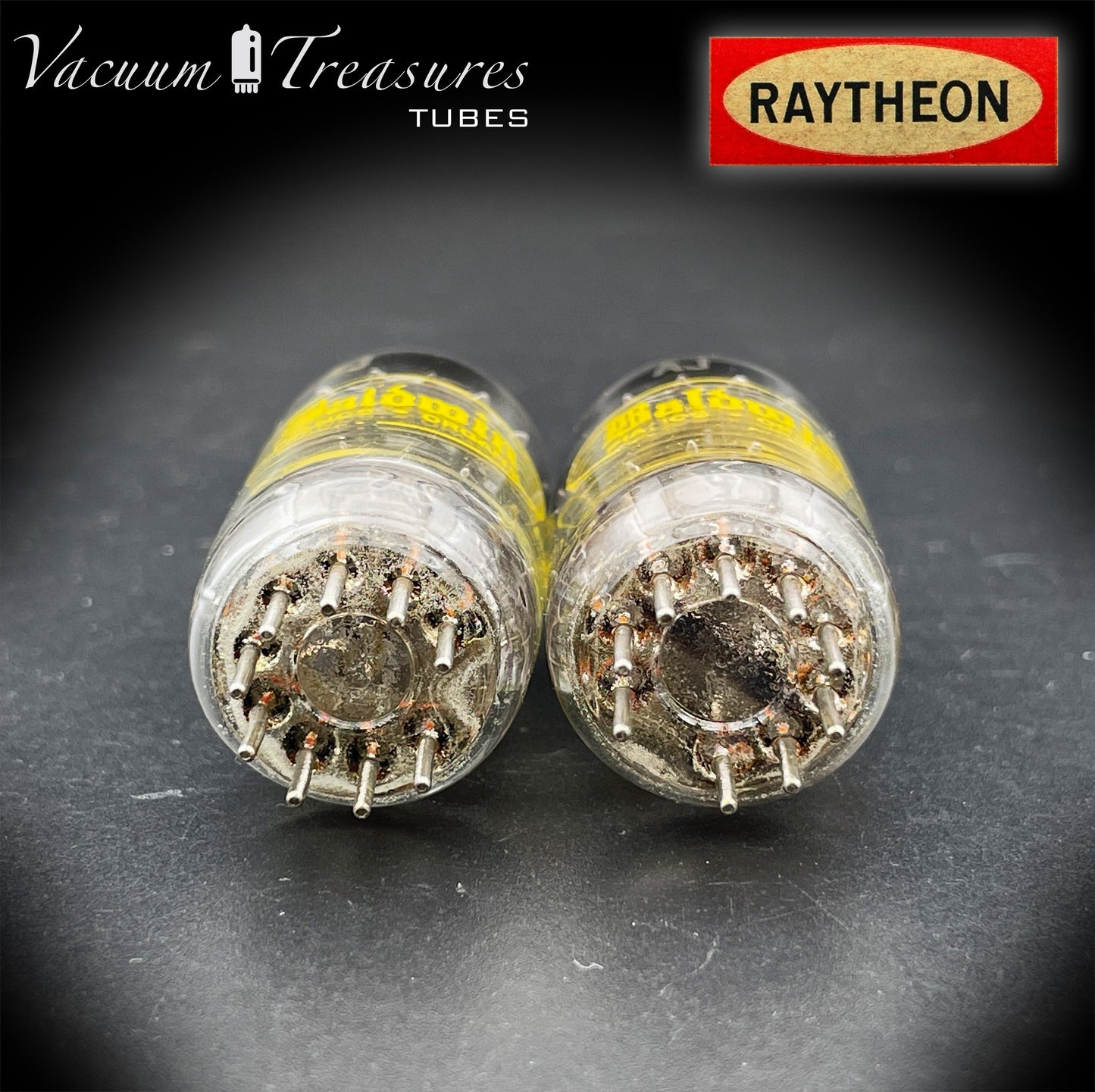 12AU7A / ECC82 NOS Baldwin by RAYTHEON Matched Pair Tubes Long Black Plates Halo Getter Made in USA '61